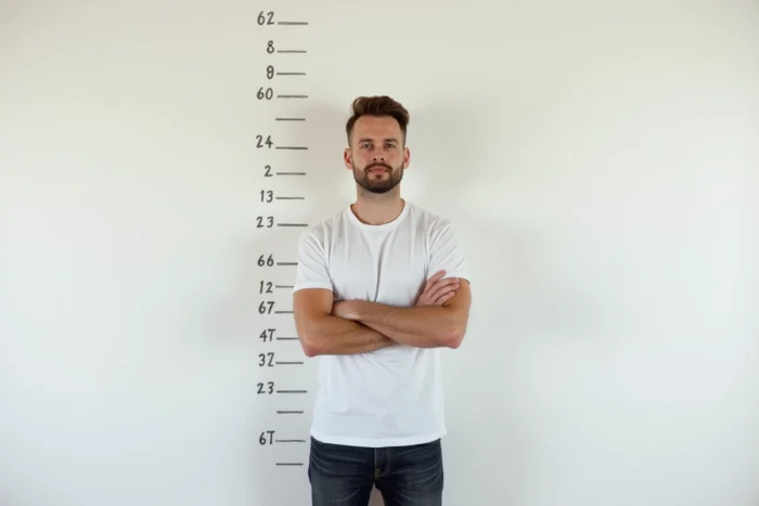 Homme mesuré contre un mur blanc avec des repères de taille, photo éditoriale illustrant la taille masculine idéale dans un cadre minimaliste