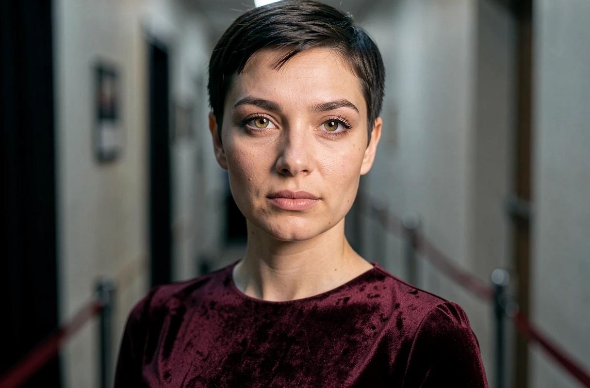 Jeune femme aux yeux hazel présentant une hétérochromie partielle, un œil légèrement plus foncé que l'autre, photographiée en coulisses d'une première