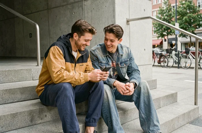 Deux amis en tenue streetwear assis sur des marches urbaines devant un centre culturel contemporain