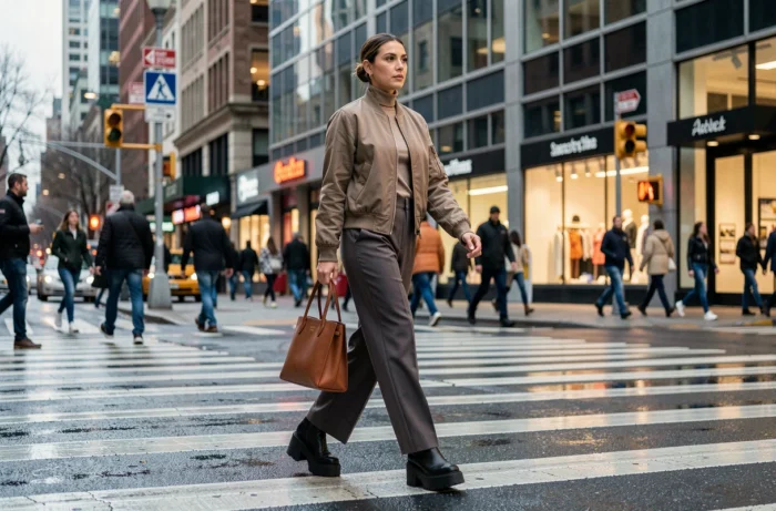 Femme en mode urbaine chic traversant un passage piéton animé dans une grande ville