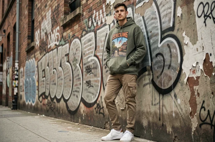 Jeune homme en tenue urbaine streetwear devant un mur de graffitis dans une ruelle de ville