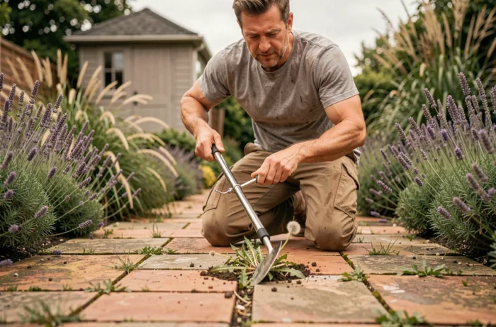 Homme utilisant un outil de désherbage pour extraire des mauvaises herbes entre les dalles d'une allée de jardin