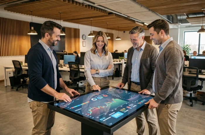 Équipe professionnelle collaborant sur des outils d'analyse financière interactifs dans un open space fintech moderne