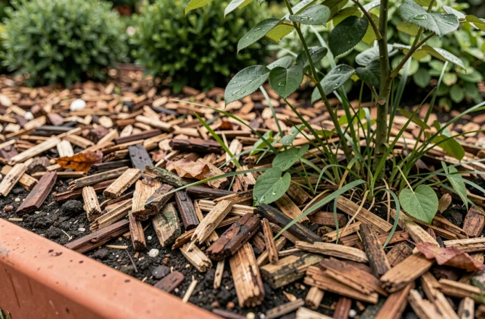 Couche de paillage en copeaux de bois recouvrant un massif de fleurs pour limiter la pousse des mauvaises herbes