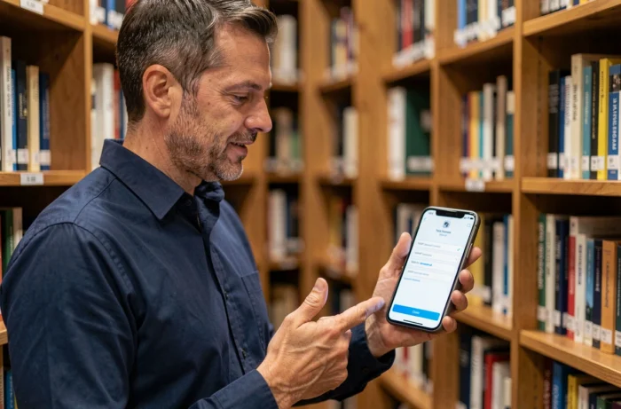 Homme configurant un compte mail Zimbra sur iPhone dans une bibliothèque universitaire