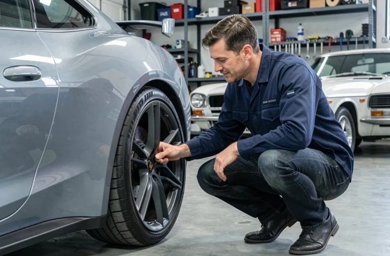 Passionné d'automobile inspectant une voiture de sport moderne dans un garage privé bien équipé