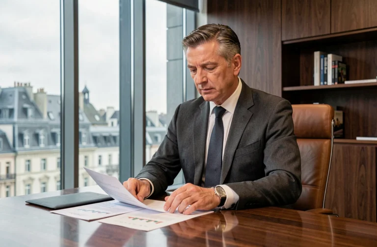 PDG d'une grande compagnie d'assurance européenne assis à son bureau exécutif en costume sur mesure, illustrant le profil et la fortune d'un dirigeant de haut niveau