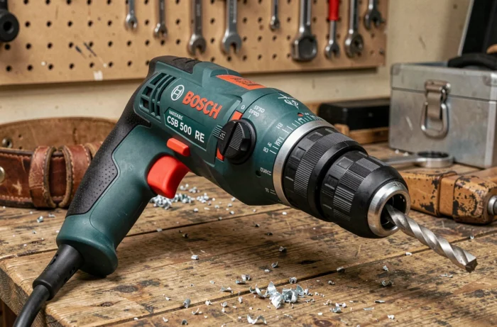 Perceuse filaire Bosch CSB 500 RE posée sur un établi en bois dans un atelier de bricolage