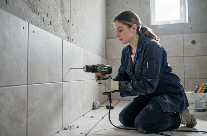 Femme utilisant une perceuse Bosch pour poser des chevilles sur carrelage lors d'une rénovation de salle de bain