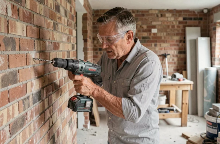 Homme utilisant une perceuse Bosch sur un mur en brique lors de travaux de rénovation intérieure