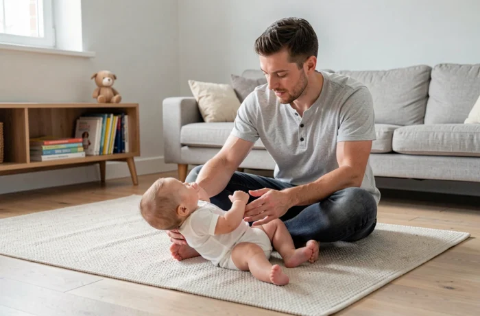 Père accompagnant son bébé pendant la séance de tummy time sur un tapis de jeu dans le salon