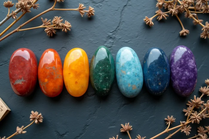 Vue de dessus de sept pierres semi-précieuses représentant les couleurs des chakras disposées sur une ardoise naturelle
