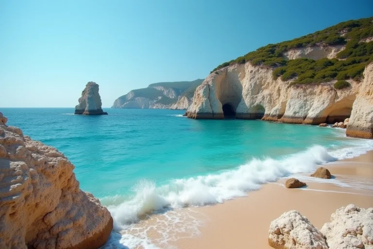 Vue panoramique de la plage sauvage des 3 Pointes à Bonifacio avec eaux turquoise et falaises de calcaire blanc en Corse