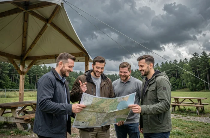 Un groupe d'amis consulte un plan de secours sous un abri pendant que la météo se dégrade lors d'un EVG