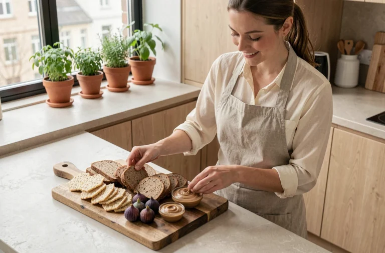 Femme préparant un plateau de produits sans gluten dans une cuisine moderne en bois clair