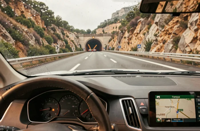 Point de vue conducteur sur une autoroute française sous la pluie approchant un tunnel en zone montagneuse