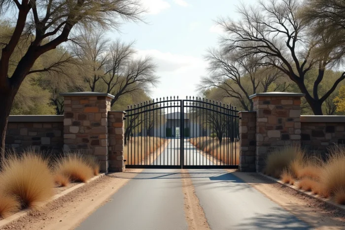 Entrée sécurisée d'un domaine privé au Texas avec portail en acier et allée pavée entourée de végétation aride