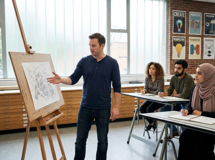 Professeur de concept art expliquant une illustration d'environnement à des étudiants dans un cours spécialisé