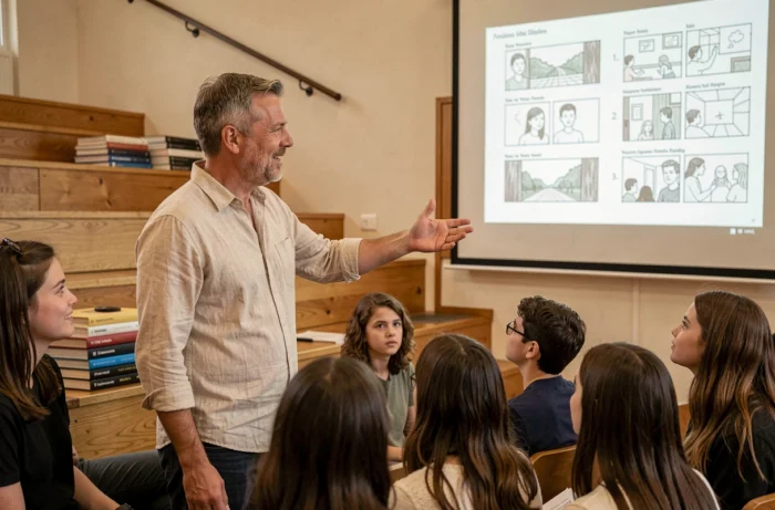 Professeur d'école de cinéma présentant un storyboard devant des étudiants en amphithéâtre