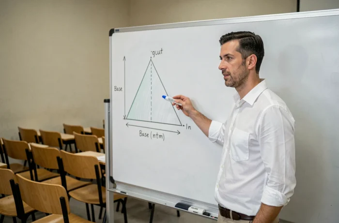 Lehrer erklärt die Berechnung der Fläche eines Parallelogramms an der Tafel im Unterricht