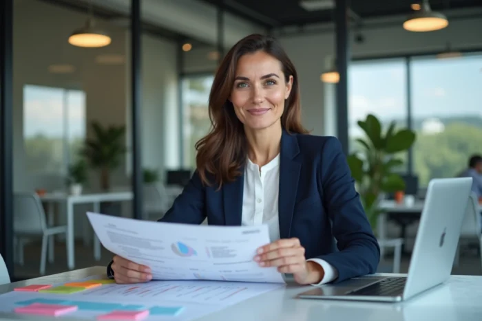 Professionnelle analysant un pipeline de prospects sur des documents imprimés dans un bureau moderne