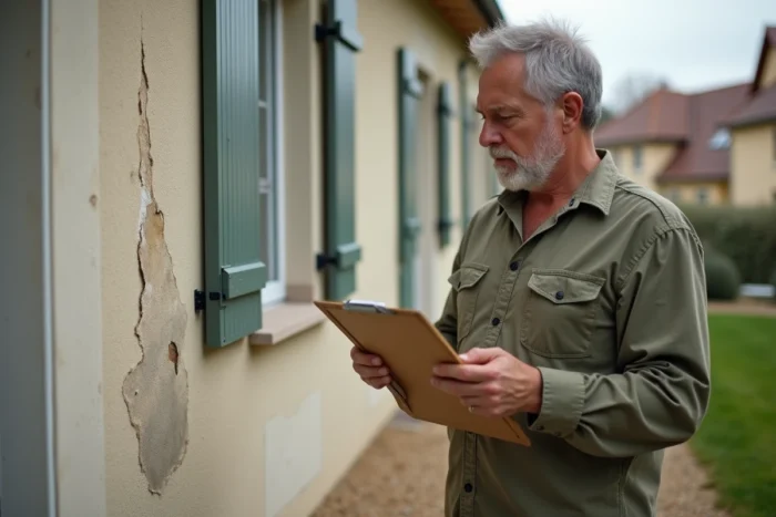 Propriétaire inspectant des dégâts des eaux sur la façade de sa maison lors d'un sinistre immobilier