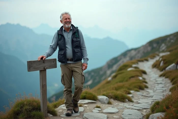 Homme en veste de randonnée souriant devant un panorama de montagne, symbolisant les tendances loisirs plein air et aventure en nature