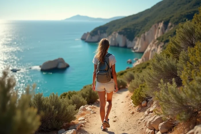 Randonneuse sur le sentier côtier menant à la plage des 3 Pointes à Bonifacio avec vue sur la mer en Corse