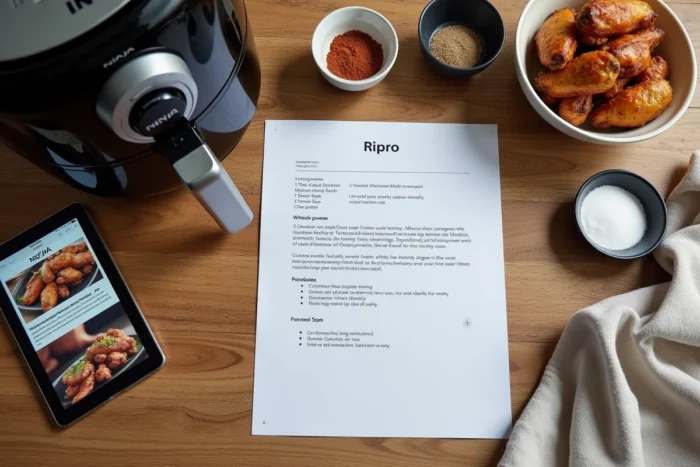 Recette air fryer Ninja imprimée en PDF posée sur une table en bois avec des ingrédients préparés