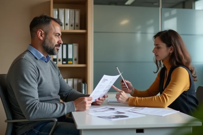 Homme en reconversion professionnelle discutant des formations CSP éligibles avec un conseiller en emploi