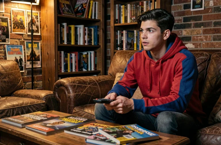 Jeune homme en sweat-shirt rouge et bleu regardant un film Spider-Man dans un salon cosy entouré d'affiches de cinéma