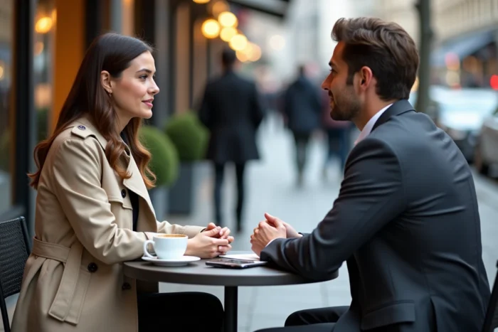 Première rencontre entre un commercial et un prospect potentiel dans un café urbain