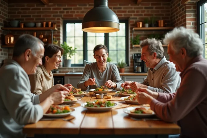 Famille multigénérationnelle réunie autour d'un repas maison dans une cuisine rustique, partageant un moment de convivialité et de rires