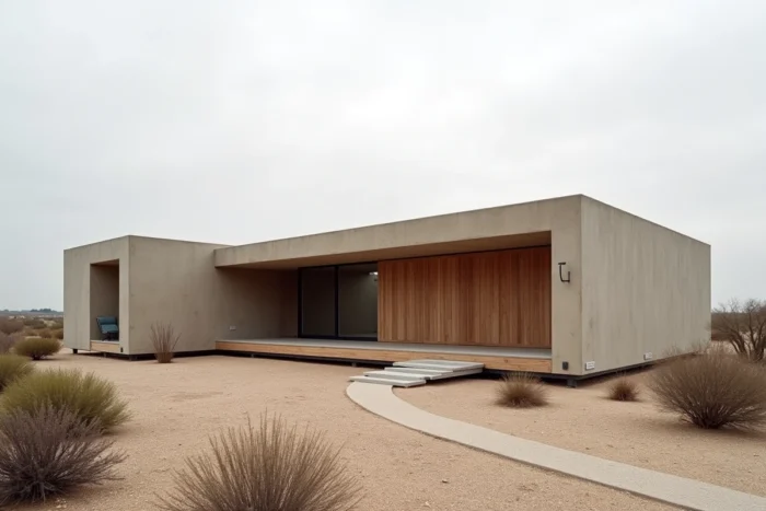 Vue extérieure d'une résidence moderne et minimaliste au Texas, style industriel avec béton et acier, paysage désertique