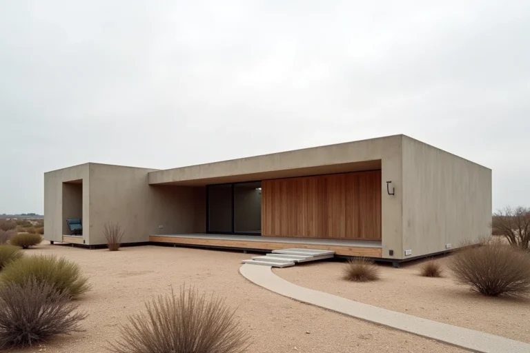 Vue extérieure d'une résidence moderne et minimaliste au Texas, style industriel avec béton et acier, paysage désertique