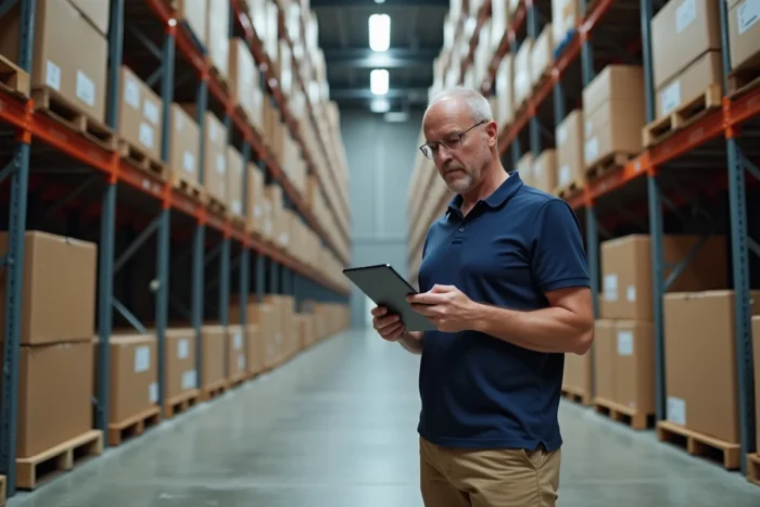 Responsable logistique examinant des données sur tablette dans un entrepôt moderne avec rayonnages industriels