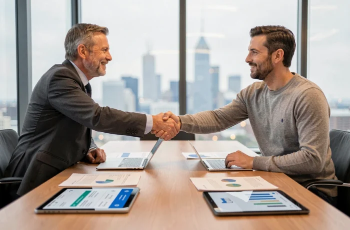 Deux professionnels en réunion B2B concluant un partenariat commercial innovant autour d'outils numériques en ligne