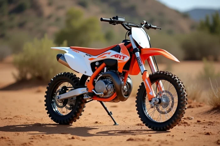 Rieju MRT 50 Trophy garée sur un terrain de motocross en terre battue avec sa livrée orange et blanche