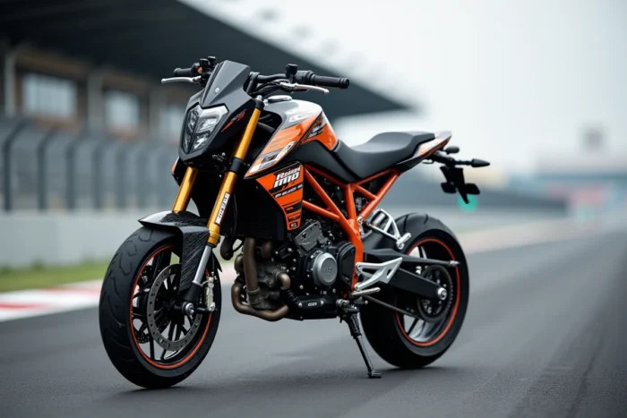 Rieju MRT SM Pro 50 supermotard aux accents orange garée dans le stand d'un circuit de course