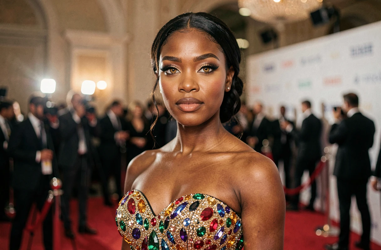Femme afro-américaine aux yeux hazel portant une robe de gala, photographiée sur un tapis rouge avec des lentilles de couleur noisette visibles