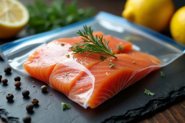 Sac sous vide FoodSaver contenant du saumon frais et des herbes aromatiques sur une planche en ardoise