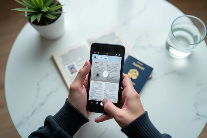 Mains tenant un smartphone pour scanner un passeport avec une application de numérisation de documents