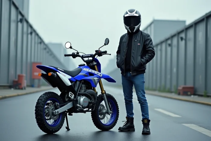Sherco SM-R 50 supermotard bleue et blanche avec un jeune pilote en tenue près d'une zone industrielle urbaine