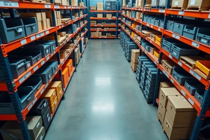 Vue aérienne d'une salle de stockage d'entreprise bien organisée avec différentes solutions de rayonnages et bacs de rangement