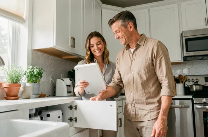 Couple inspectant un système de filtration d'eau installé sous l'évier d'une cuisine rénovée