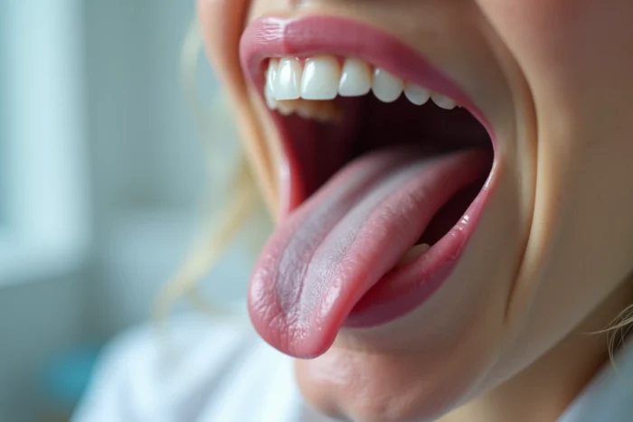 Tache blanche suspecte sur le bord latéral de la langue pouvant indiquer une leucoplasie ou un cancer