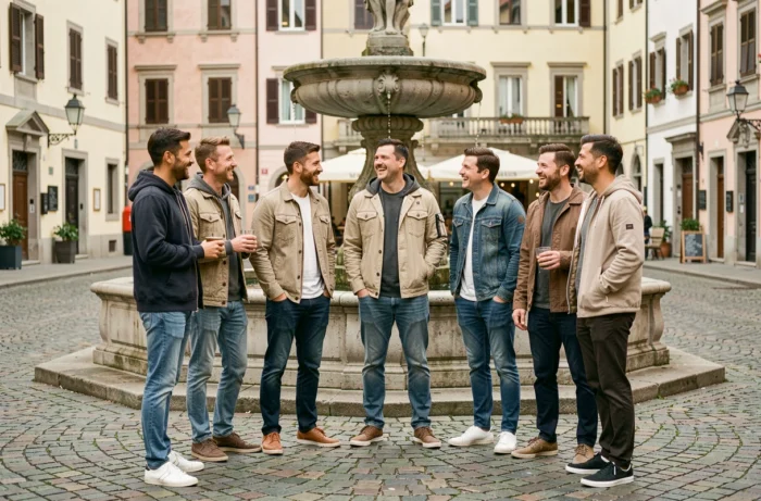 Groupe de huit amis réunis en week-end EVG sur une place pavée d'une ville européenne