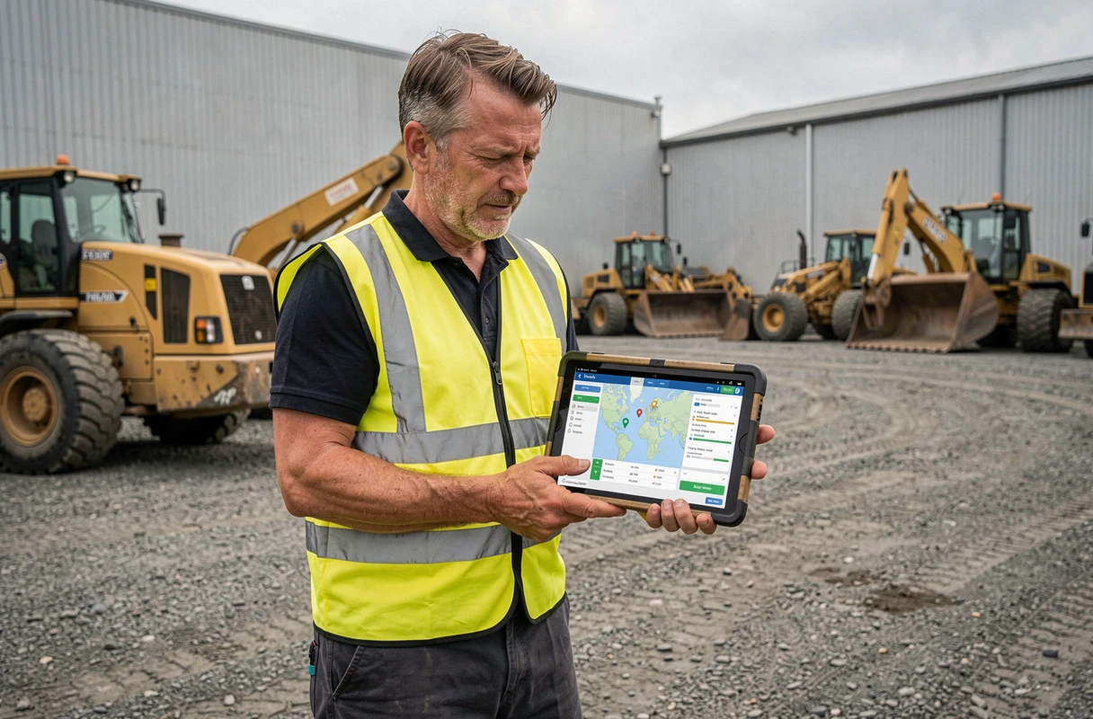 Technician on an industrial site using a tablet to access the Deveryloc equipment tracking dashboard