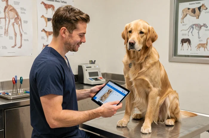 Technicien vétérinaire consultant un dossier numérique sur tablette lors d'un examen d'un golden retriever