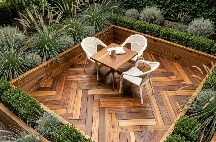 Terrasse en bois durable avec mobilier de jardin et jardinières en bois vue de haut